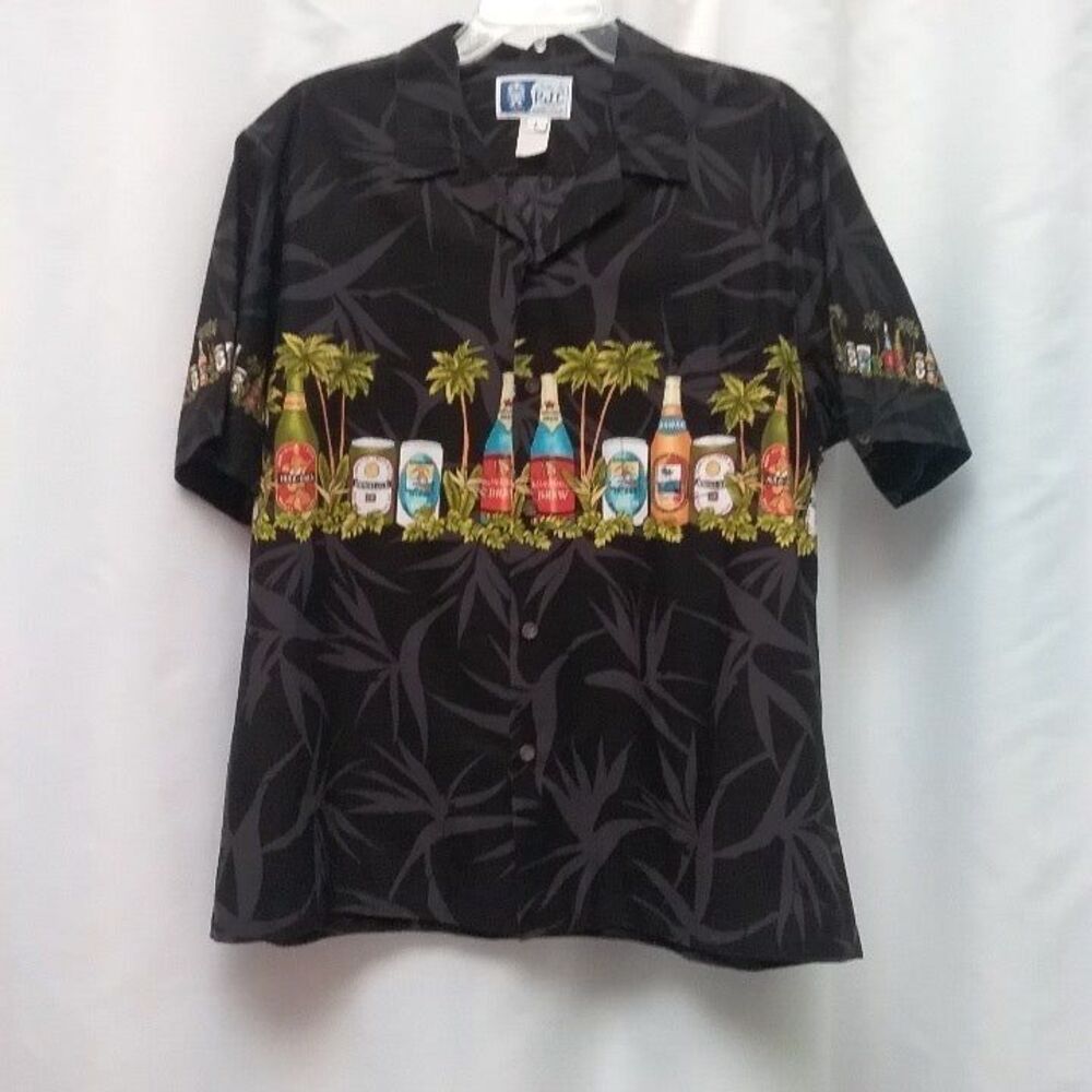 Vintage RJC Hawaiian Shirt Button Up Down Authentic Local Beers Palm Tree Large